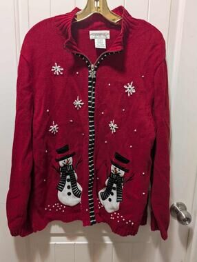 Vintage Mandal Bay Size XL Snowman Cardigan Red Christmas Sweater Holiday